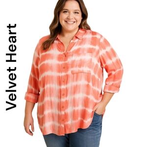 Velvet Heart Coral Pink Tie Dye 3/4 Sleeve Button Down Tunic Top Plus Sz 2X
